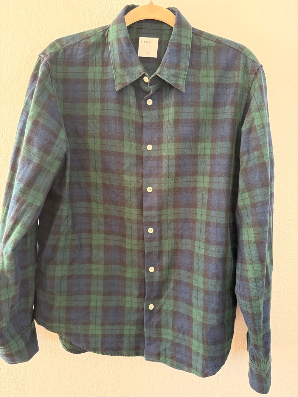 Sandro Paris Men’s Blue & Green Plaid Flannel Button-Down Shirt
